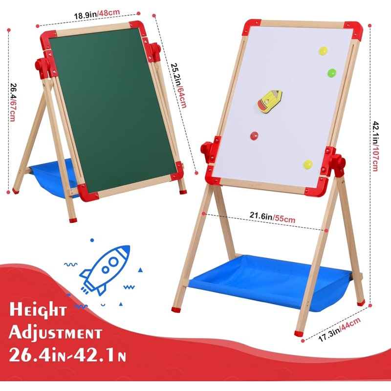 Kids Art Easel with Magnetic Double-Sided Chalkboard and Accessories - Adjustable & Stable for Toddlers 2-6 Years