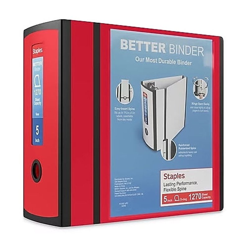 5-Inch Capacity Red Three-Ring Binder with D-Rings for Office & School