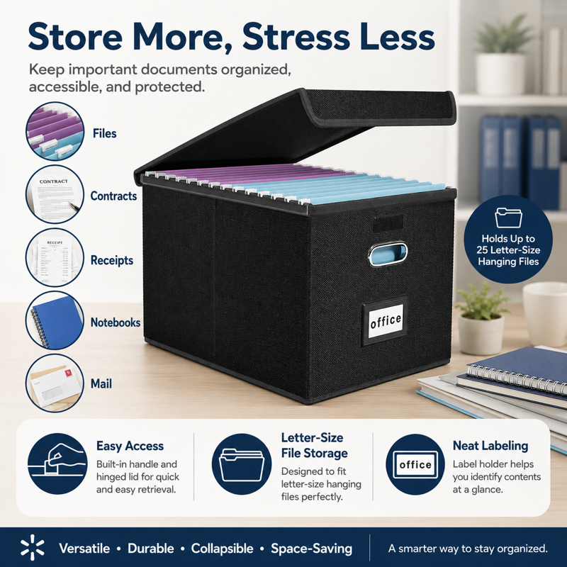 File Organizer Box with Lid for Letter Size Documents - Collapsible Storage
