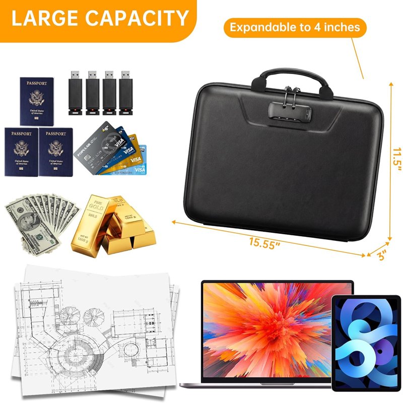 Fireproof Document Box with Lock, Water-Resistant Hard Case & 13-Pocket Organizer