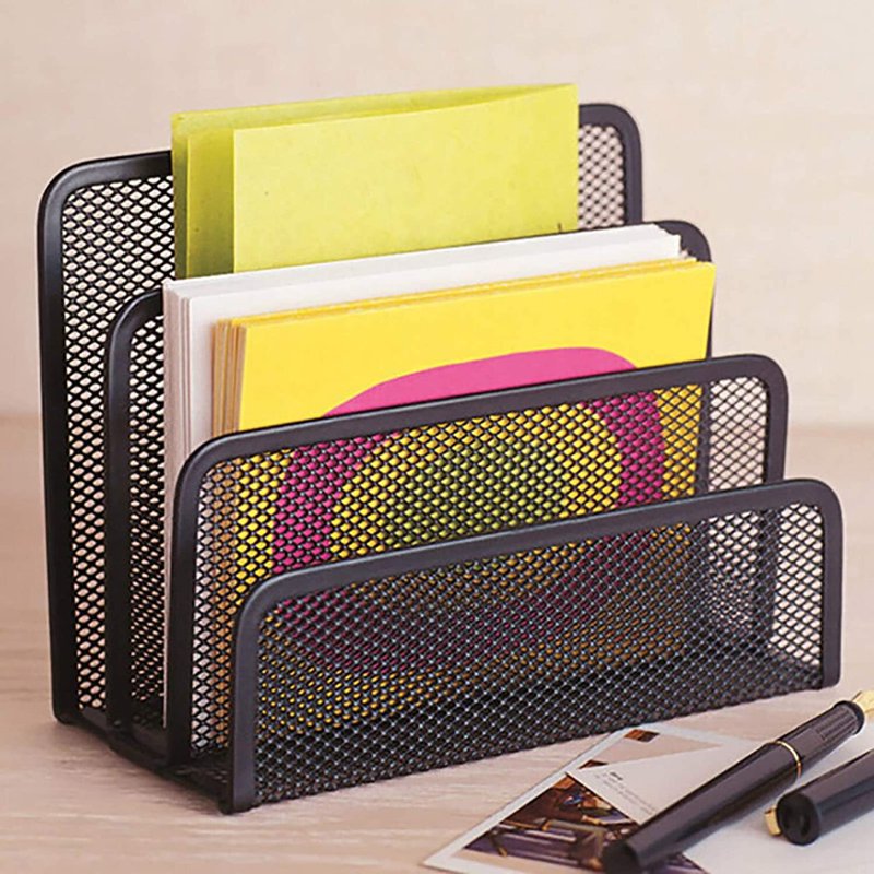 2 Pack Metal Mesh Desk Folder Holders with 3 Vertical Compartments - Office Organizer