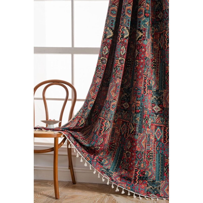 Boho Geometric Pattern Semi-Sheer Window Curtain Panel with Tassels – Multiple Sizes
