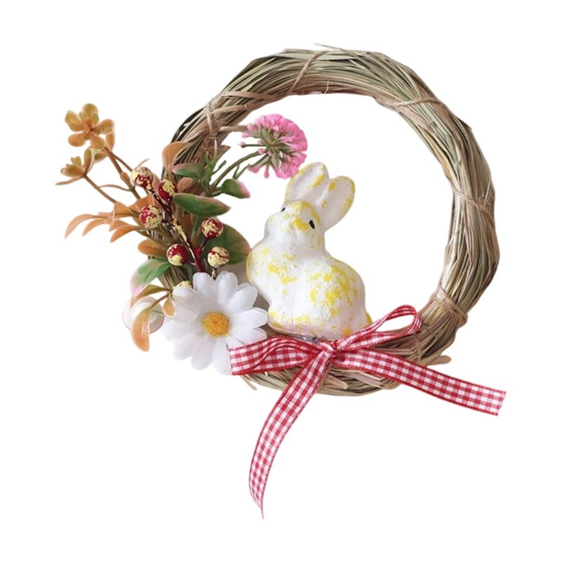 Easter Bunny Rattan Wreath Decoration - Spring Door Hanging with Eggs & Leaves