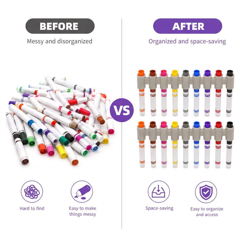 Silicone Marker Holders 5 Pack - Portable Organizers for Broad Tip Markers, Lids, Drying Prevention