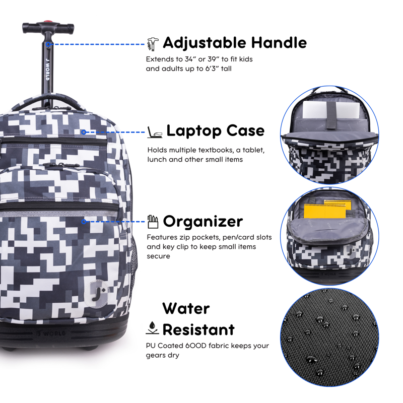 20-Inch Unisex Rolling Backpack with Laptop Sleeve & Camo Design