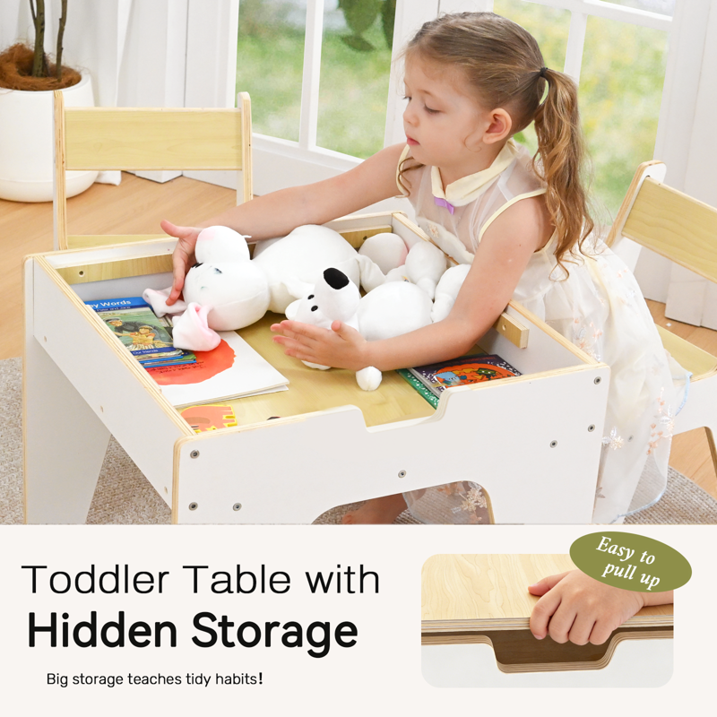 Kids Reversible Wooden Activity Table & Chair Set with Storage and Building Blocks