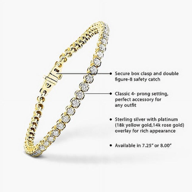 Sterling Silver Cubic Zirconia Tennis Bracelet in 18K Gold Plated - 7.25 Inch