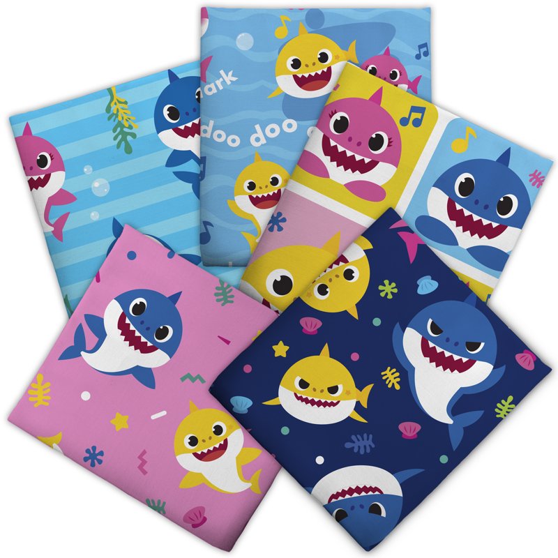 Baby Shark Cotton Fabric Bundle - 18x21 Inches, Multi-Color, 5 Pieces for Quilting & Crafts