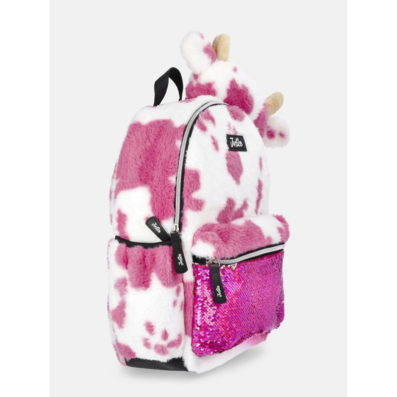 Girls 17-Inch Plush Cow Backpack with Sequin Details and 3D Head