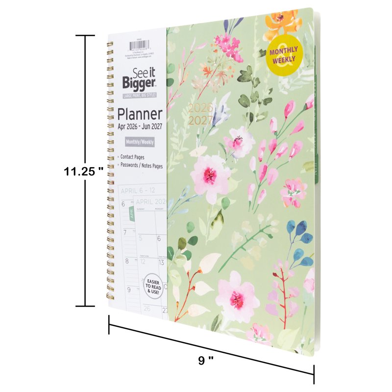 Large Floral Monthly Weekly Planner 15-Month Dated 9x11 Green Cover