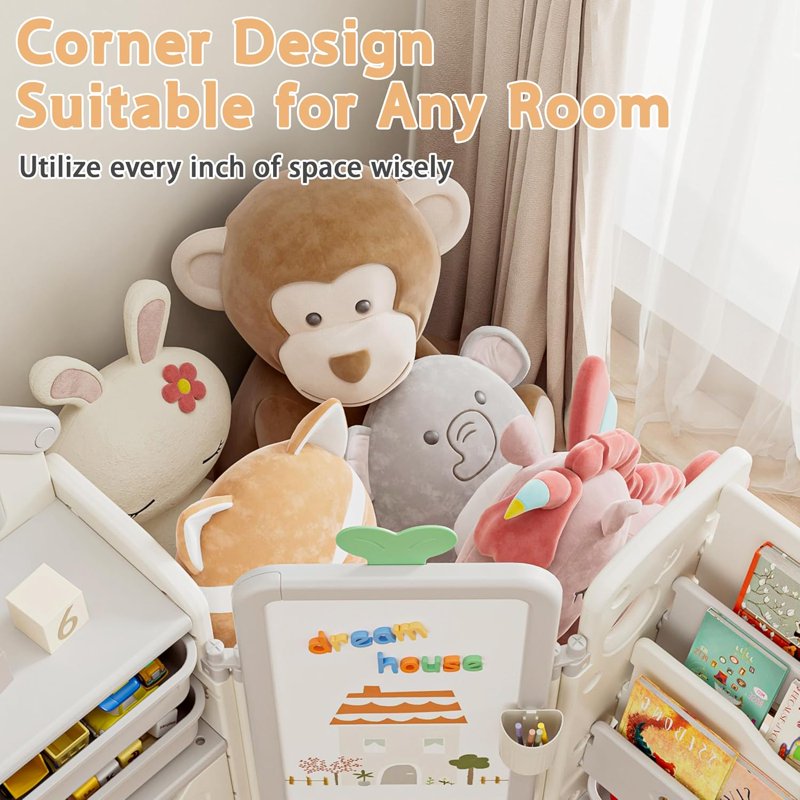 Kids Toy Storage Organizer with 10 Removable Bins & 3-Tier Bookshelf, Foldable