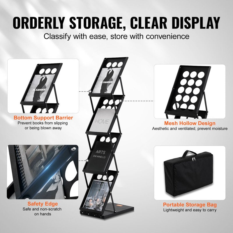 Foldable Magazine Display Rack with 4 Pockets - Portable Literature Organizer