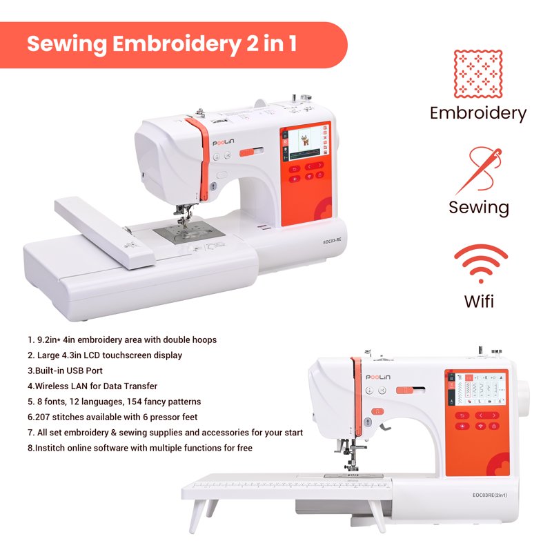 2-in-1 Embroidery and Sewing Machine with Touchscreen, WiFi, 206 Stitches
