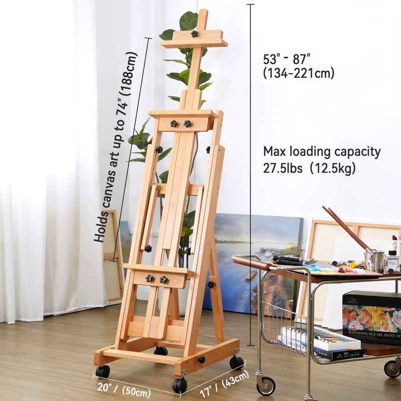 Professional Studio Art Easel with Adjustable Height and Wheels - Beechwood