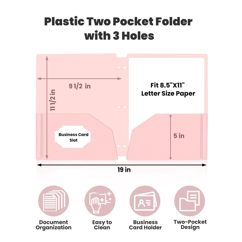 3-Hole Plastic Pocket Folders 6 Pack Pastel Colors for Binders