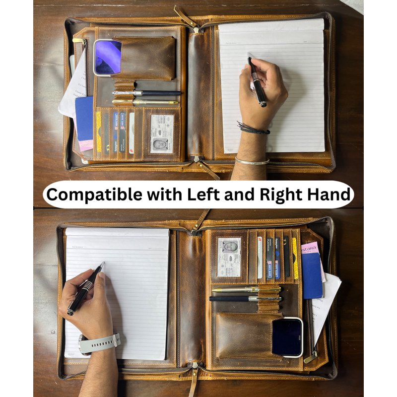 Leather Portfolio for Men and Women - Full Grain Zippered Document Organizer