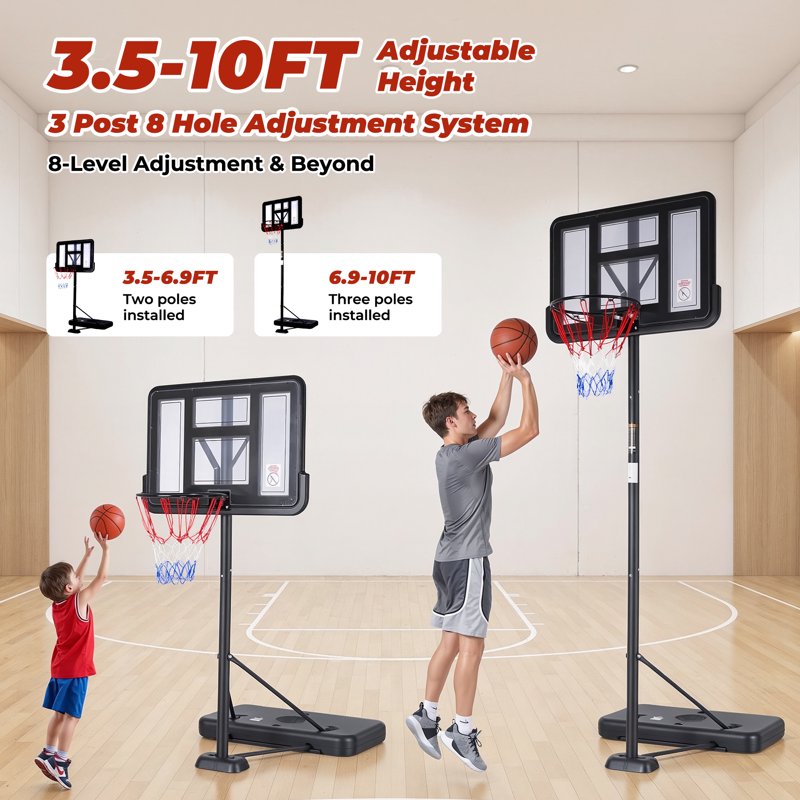 Portable Basketball Hoop with Adjustable Height & Stable Dual Rear Base - Family Size, Rollable Wheels