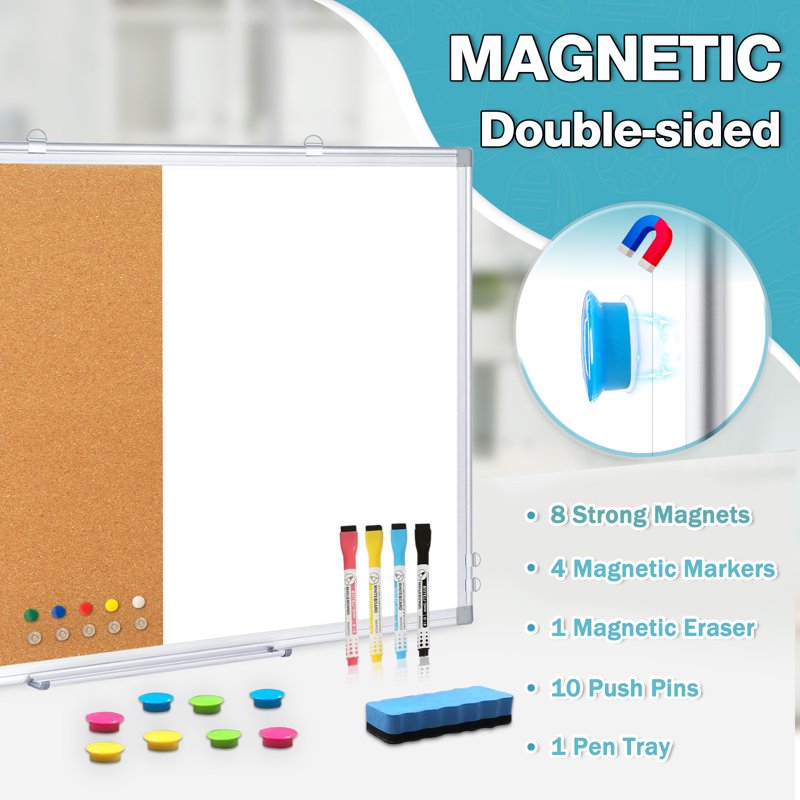 Wall-Mounted Combination Whiteboard and Cork Board 24x18 Inches - Magnetic Dry Erase Bulletin Board with Frame