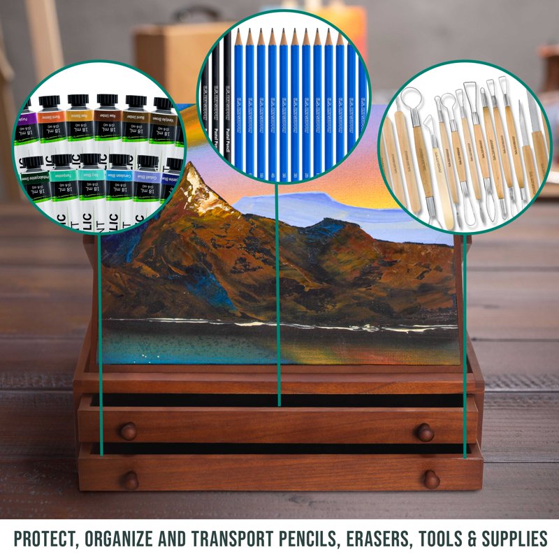 Wooden Art Storage Box with Adjustable Easel and Locking Drawers - Beechwood Art Organizer
