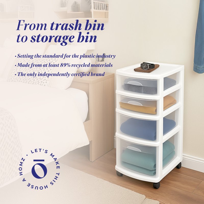 4-Drawer Clear Plastic Storage Tower with Wheels - Home Organization
