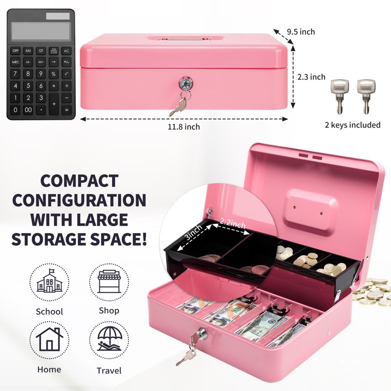 Metal Piggy Bank with Key Lock and Money Tray - Secure Cash and Jewelry, Pink & Black