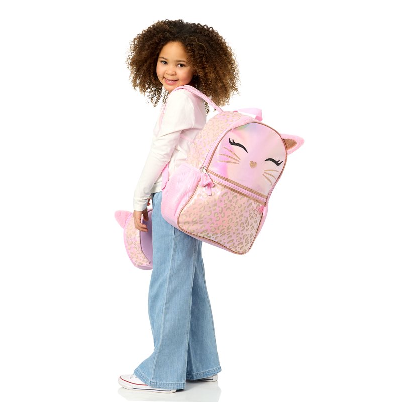 Kids Leopard Cat Backpack & Lunch Box Set - 17 Inch, Pink & Lavender Variants