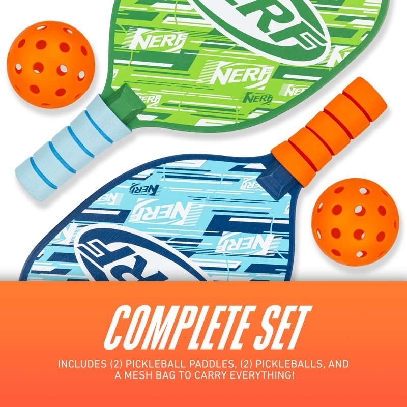 NERF 2-Player Pickleball Set - Blue & Green Paddles + 2 Outdoor Balls, Carry Bag Included