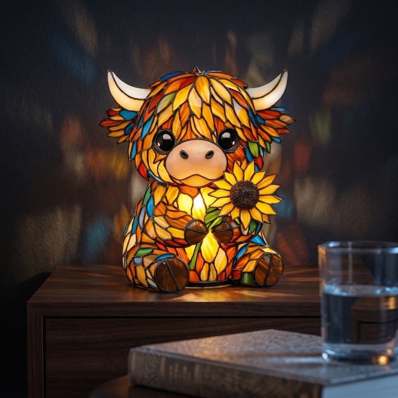 Night Light Cow Stained Glass Lamp with Sunflower - Animal Table Lamp for Bedroom Nursery