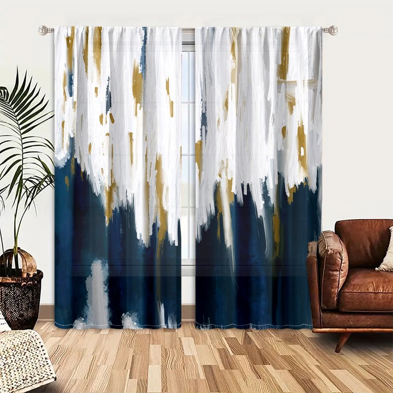Light-Filtering Curtains Set of 2 - Modern Navy Blue & White Window Drapes