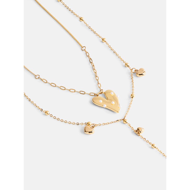 Gold Tone Layered Heart Necklace Set for Women - 2 Piece, 16 & 26 Inch Jewelry