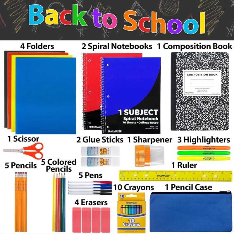 12-Pack 45-Piece Stationery Supply Kit Set with Notebooks, Folders, Pens, Pencils, Crayons & More