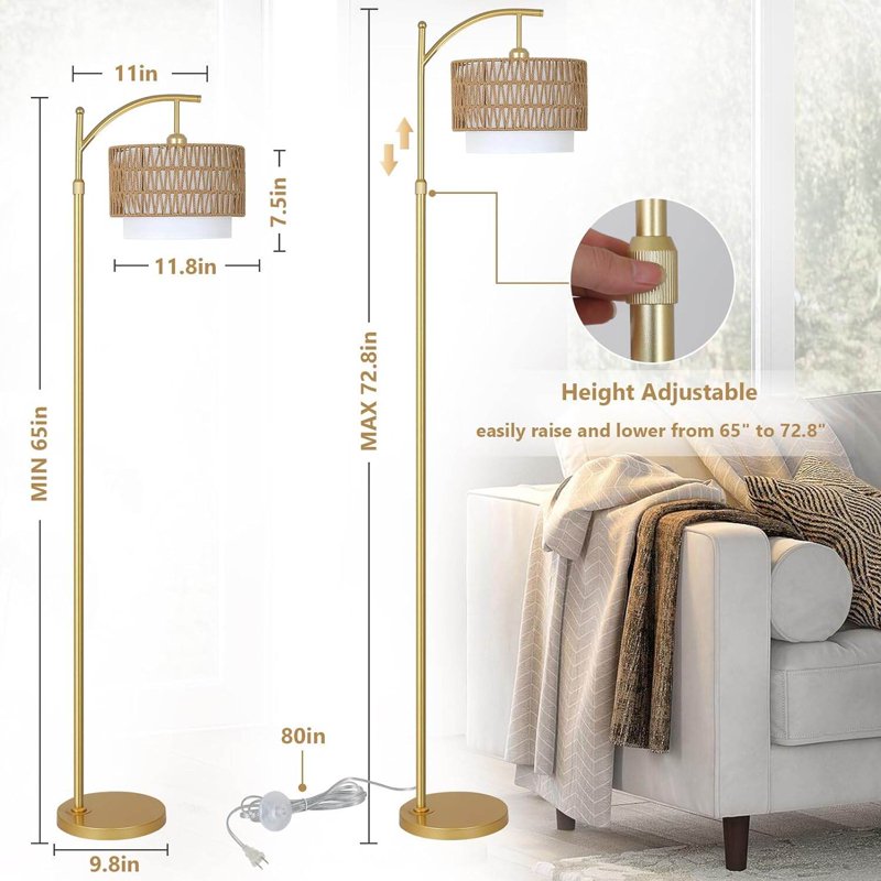 Modern Arc Floor Lamp with Remote, Dimmable LED & Dual Shades