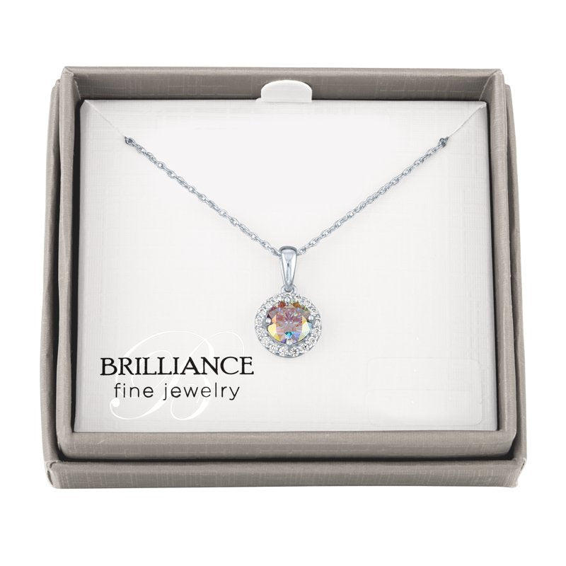 Simulated Aurora Borealis & CZ Halo Necklace - Sterling Silver, 18 Inch