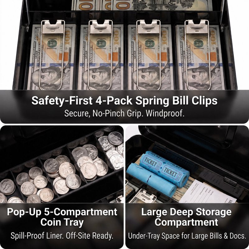 Large Metal Cash Box with Lock and Coin Tray, Portable Organizer