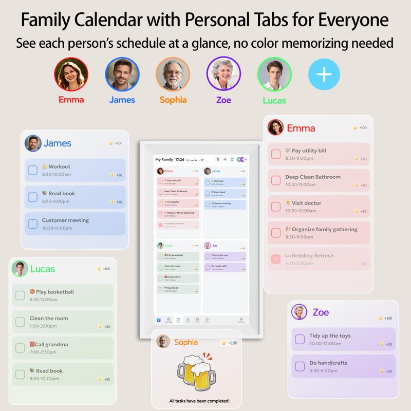 Digital Family Calendar with Touchscreen - Wall & Desk Mount, Chore & Meal Planner