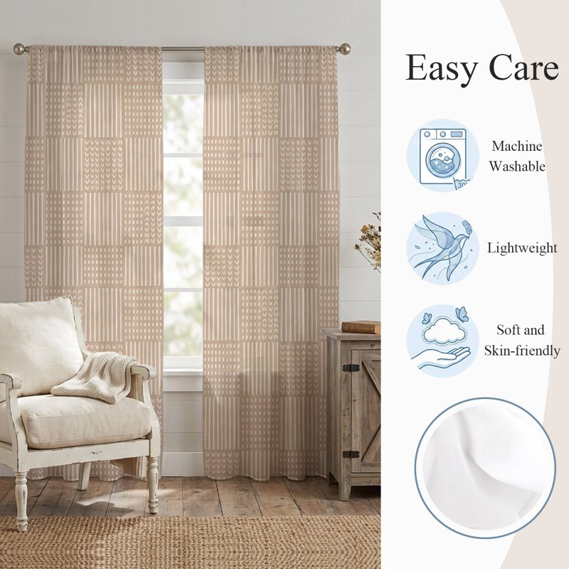 Sheer Curtain Set with Geometric Checkered Lines - Light Filtering Window Drapes for Bedroom & Living Room