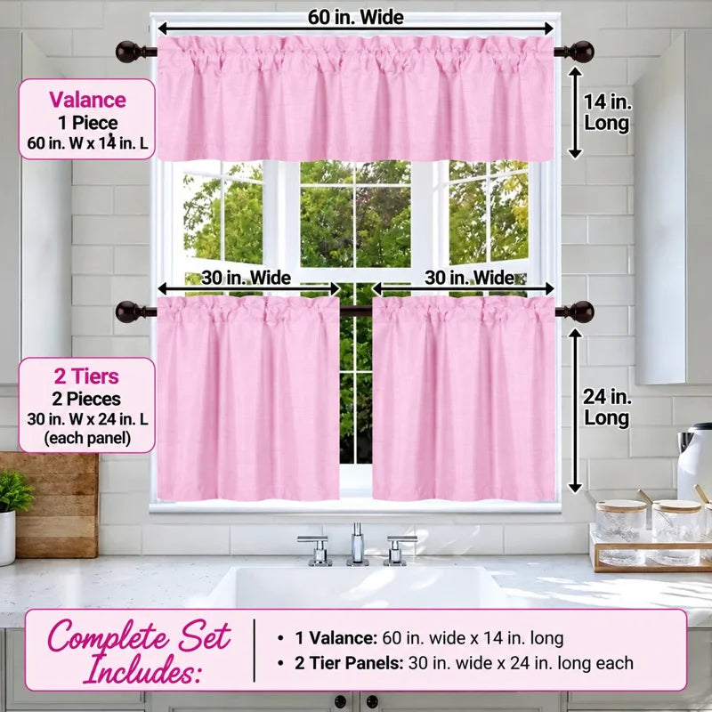 Faux Silk Blackout Kitchen Curtain Set - 3-Piece Window Treatment, Multiple Colors