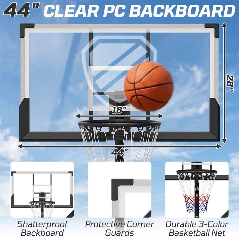 Portable Adjustable Basketball Hoop with 44-Inch Backboard for Outdoor & Indoor Play
