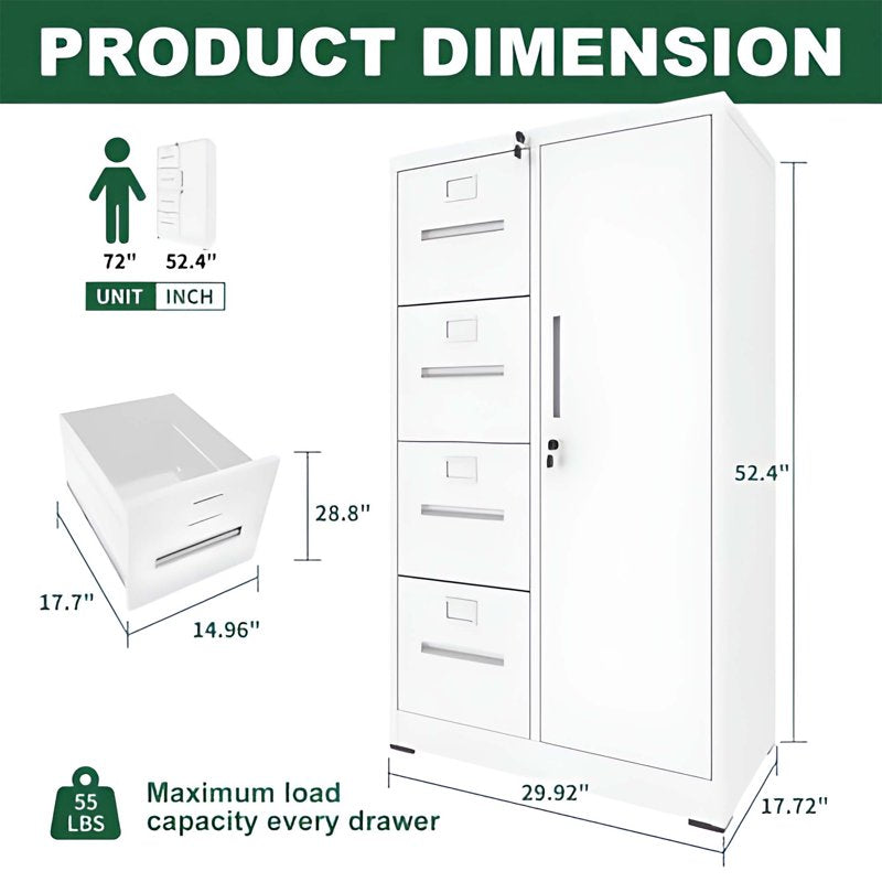 Lockable Metal File Cabinet with 4 Drawers and Wardrobe - Office & Home Storage