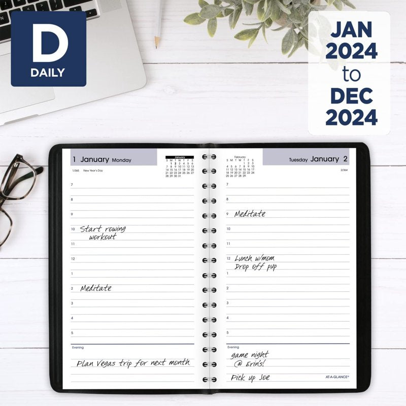 2024 Daily Appointment Book Planner 5x8 Black January-December