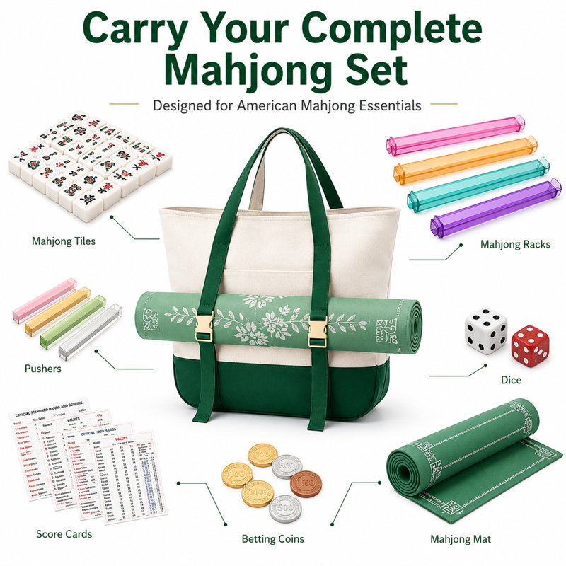 Mahjong Storage Bag Set with Canvas Tote, Tile Pouch & Rack - Travel Organizer