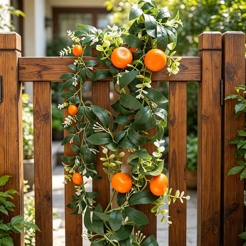 Artificial Orange Fruit Garland 67.7 Inch with White Flowers & Green Leaves - Indoor & Outdoor Decor