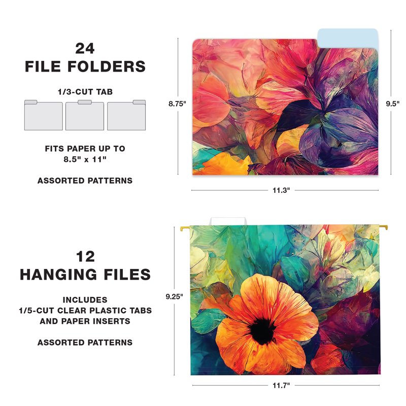 12 Hanging File Folders with Metal Basket - Colorful Abstract Floral Design