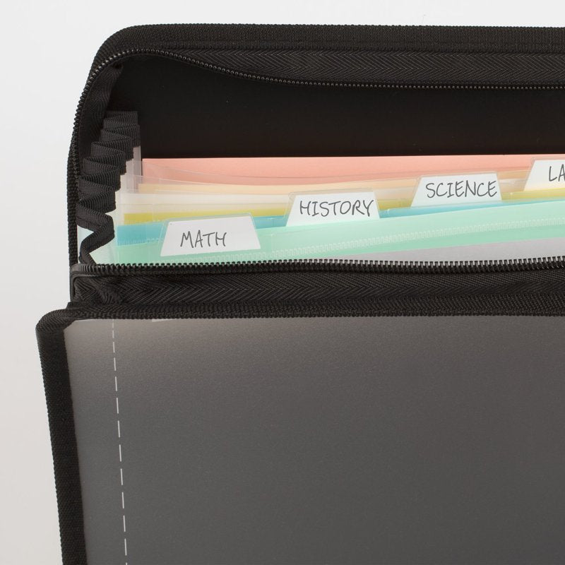 Customizable 7-Pocket Expanding File Folder - Black, Letter Size, Durable Zipper Closure