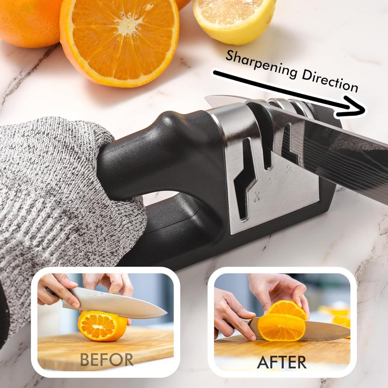 4-in-1 Knife Sharpener – 3-Stage Manual Sharpener with Ceramic Stone, Tungsten Carbide & Diamond Rods
