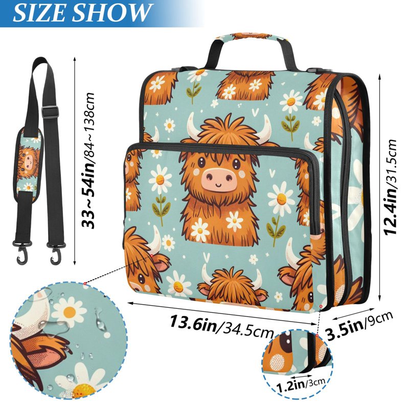 Zipper Binder with Cow & Daisy Design, 3-Ring File Organizer Bag