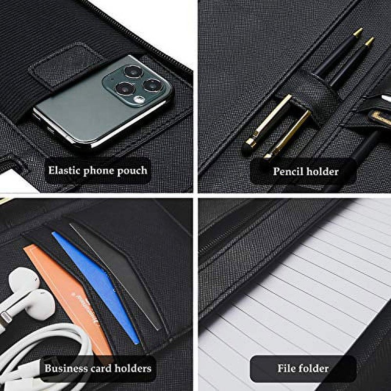 Leather Portfolio Binder with Zipper Notepad and Tablet Sleeve - Business Organizer