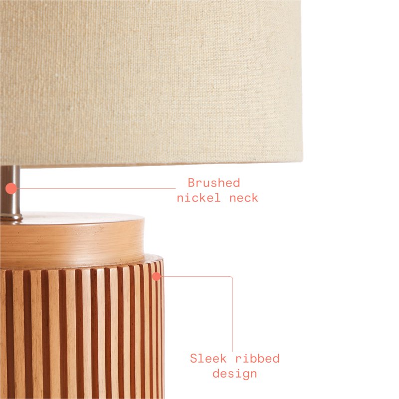 Modern Faux Wood Table Lamp Set - Brown Ribbed Base with Linen Shade