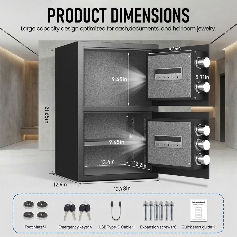 Digital Safe Box with Key Hook & Adjustable Shelves - High Security Cabinet