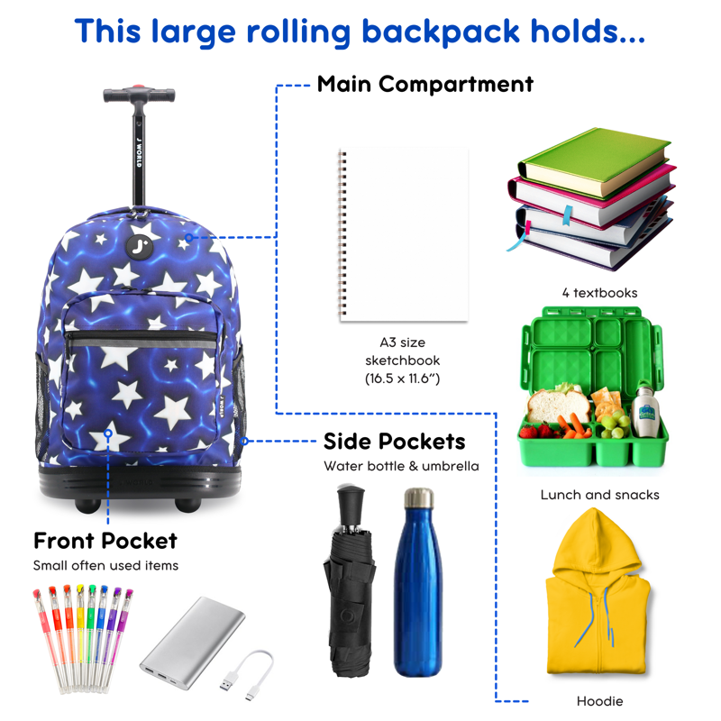 Kids Rolling Backpack for School & Travel - 18-Inch Durable Wheeled Bag with Organizer